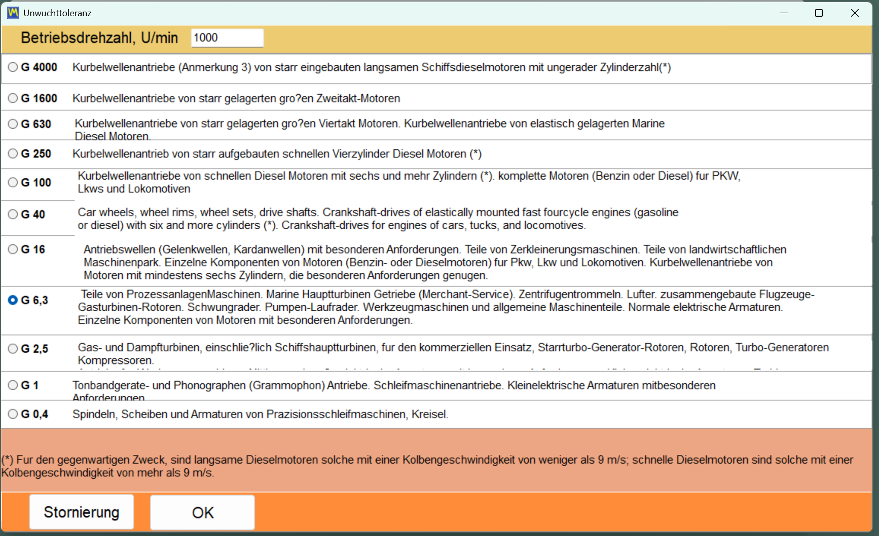 Fereastra de rezultate a calculatorului de toleranță cu dezechilibrul rezidual admisibil calculat.